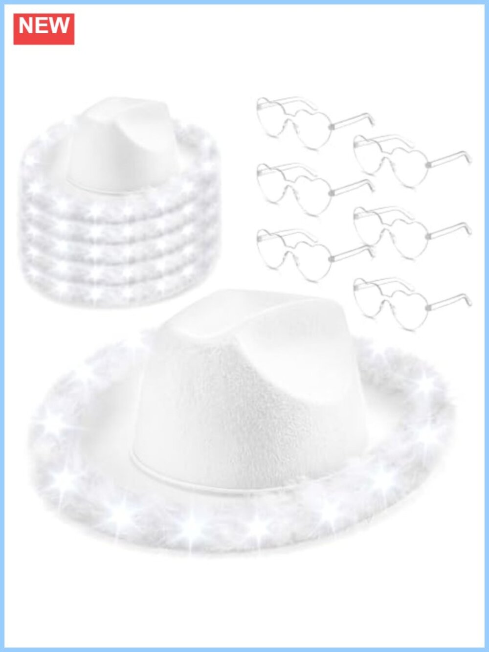 6pc Light Up Cowboy Hat Feather Trim & Heart Sunglasses Set
